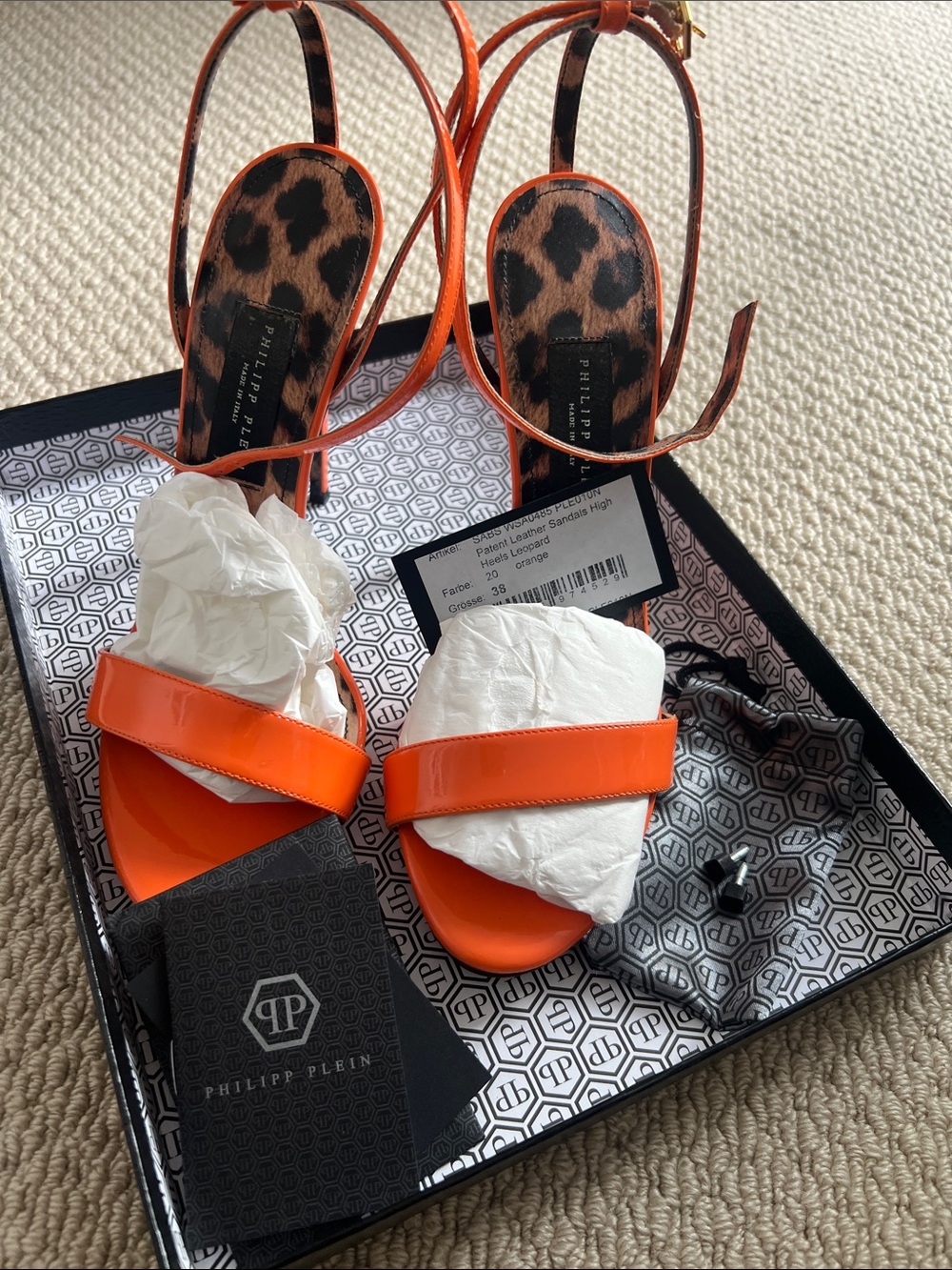 Philipp Plein Orange Patent Leather Leopard-Print Insole Heels